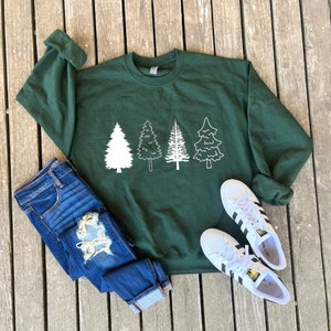Pine Tree Winter Christmas Crewneck Sweatshirt, Cute Cozy Christmas Shirt, Christmas Gift, Gift for Her, Green and White Sweatshirt