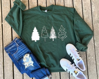 Sudadera navideña con cuello redondo y diseño de pino, cómoda camiseta de vacaciones