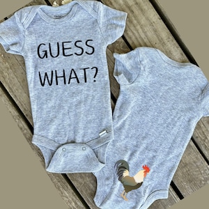 Raad eens? Baby romper kip, grappige baby romper, gekleurde kip, romper boerderijdieren, schattige babyshower cadeau, countrybaby