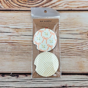 Vintage Bows and Gingham Car Coasters Set of 2, Cute Pink Vintage Car Coasters, Bows and Flowers Car Coasters, Teen Girl Car Accessories