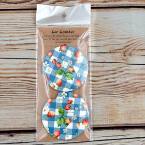 Berries and Blooms on Blue Gingham Car Coasters Set of 2, Cute Daisy Car Coasters, Strawberry Car Coasters, Cute Teen Car Accessories,