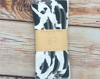 Black and White Cowprint Reusable Cotton Flannel Towels, Eco-Friendly Unpaper (Set of 6)