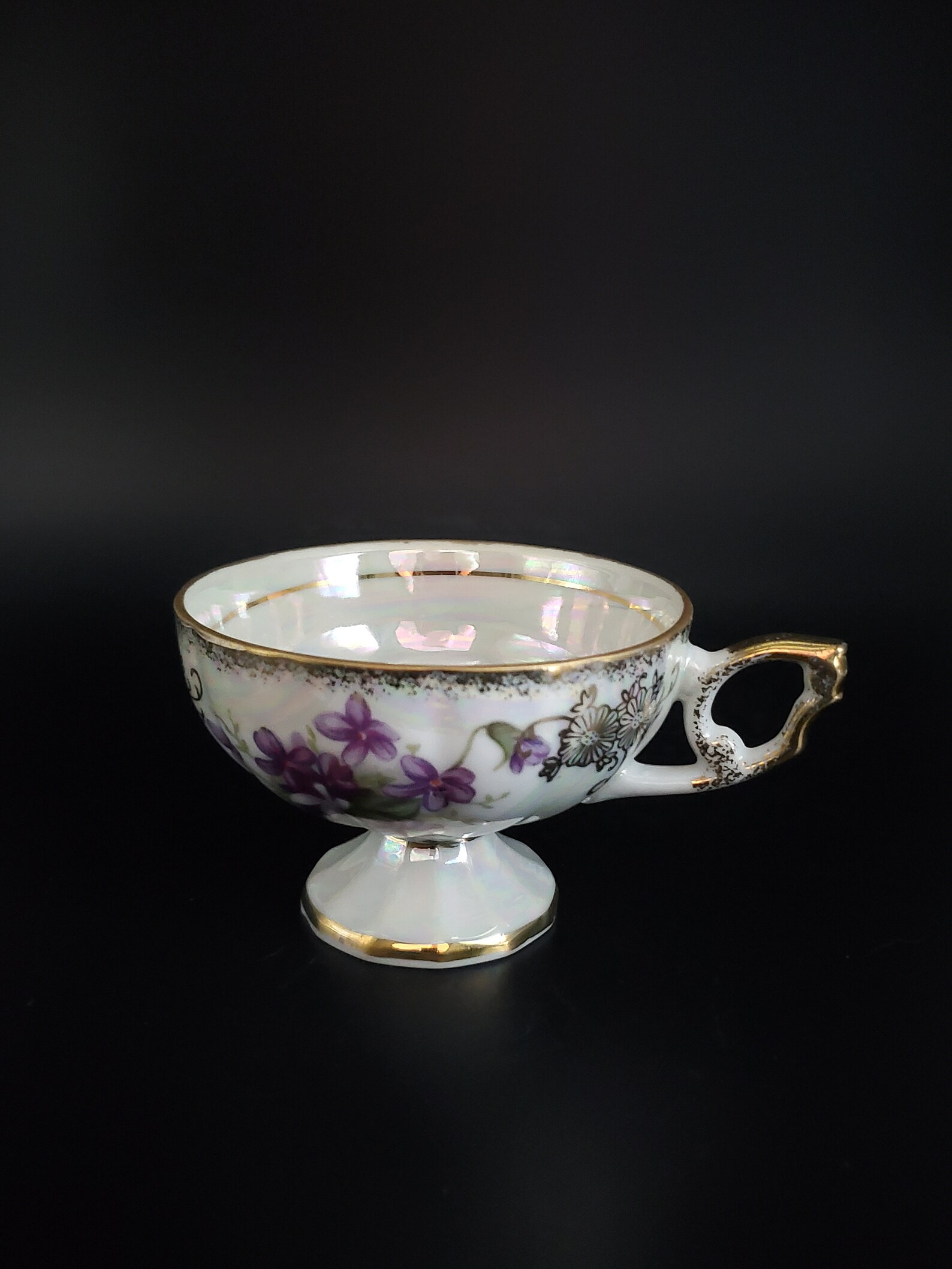 Charming iridescent tea cup set with violets. Etsy
