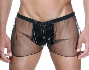 Transparenter Herren Boxer, Wet Look Lingerie Herren Unterwäsche Boxer Briefe Sexy Latex Unterwäsche für Männer erotische Männliche Dessous Gay Gay Dessous