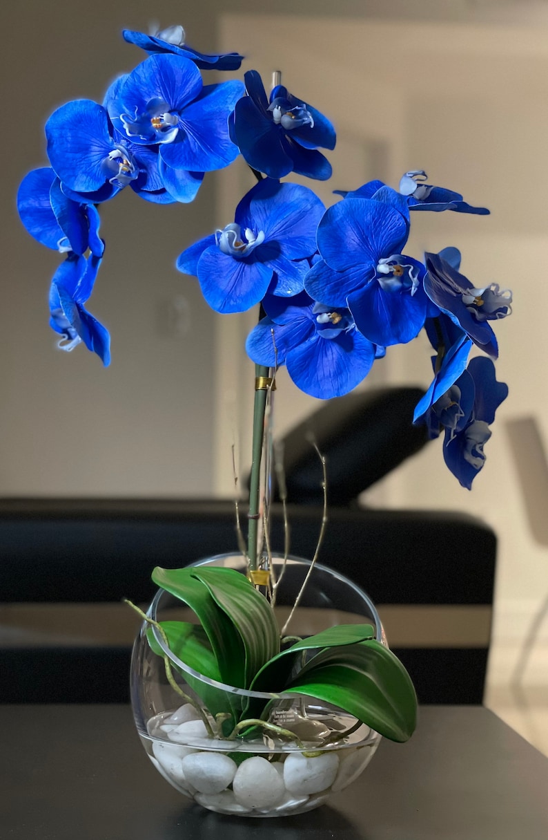 Blue Orchids Centerpiece in a Cut Glass Vase Etsy