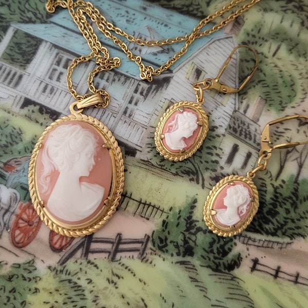 Handcrafted Victorian Style Pink CAMEO SET Necklace Earrings made with VINTAGE Cameos and Settings