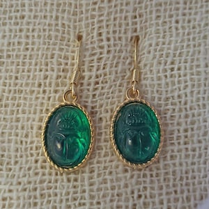 Vintage Glass SCARAB EARRINGS Egyptian Aesthetic Revival Jewelry Handmade using NOS vintage & new parts = New Old Stock from the 50s