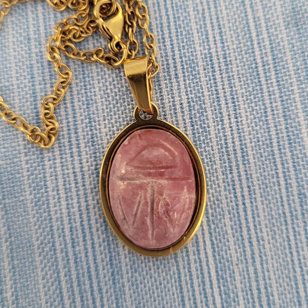 Vintage SCARAB PENDANT Necklace Genuine Stone RHODONITE