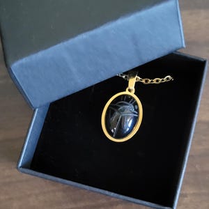 Egyptian Aesthetic SCARAB Pendant in Gift Box Genuine Stone Black Onyx Made with NEW & NOS (New Old Stock Vintage Circa 50&#39;s) Jewelry Parts