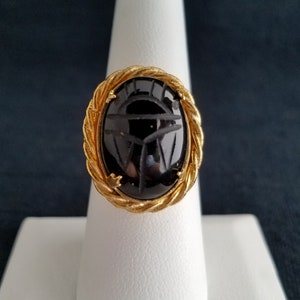 Genuine Stone BLACK ONYX SCARAB Ring Made w/ Vintage Jewelry Parts Egyptian Revival Style