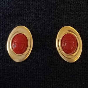 Vintage Red SCARAB EARRINGS Egyptian Aesthetic Revival Handmade w/ NOS vintage jewelry parts = New Old Stock, unsold & unused from the 50s
