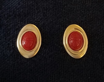 Vintage Red Scarab Stud Earrings, Egyptian Revival Jewelry, made with NOS New Old Stock Parts