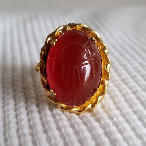 Genuine Stone ARNELIAN SCARAB Ring Made w/ Vintage Jewelry Parts Egyptian Revival Style