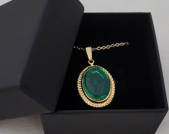 Victorian Style Green CAMEO PENDANT handmade with Vintage NOS New Old Stock Parts Academia Aesthetic Jewelry in Gift Box