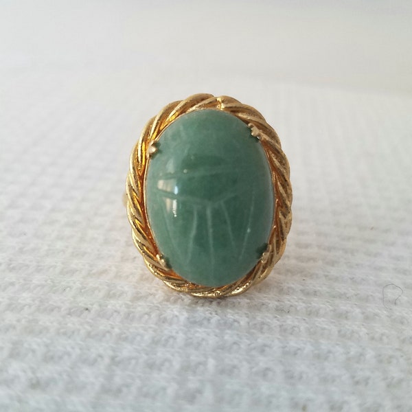Genuine Stone AVENTURINE SCARAB RING Made w/ Vintage Jewelry Parts Egyptian Revival Style
