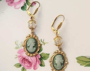 Victorian Style Green CAMEO EARRINGS made with Vintage NOS New Old Stock Parts Academic Aesthetic Jewelry