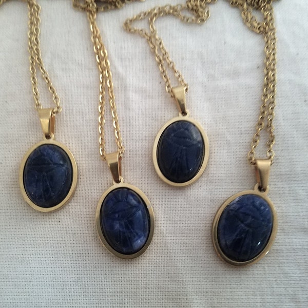 Vintage SCARAB PENDANT Necklace Genuine Stone SODALITE