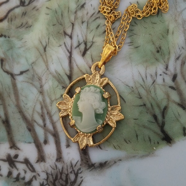 Victorian Style Pendant Made with a Green VINTAGE CAMEO and SETTING