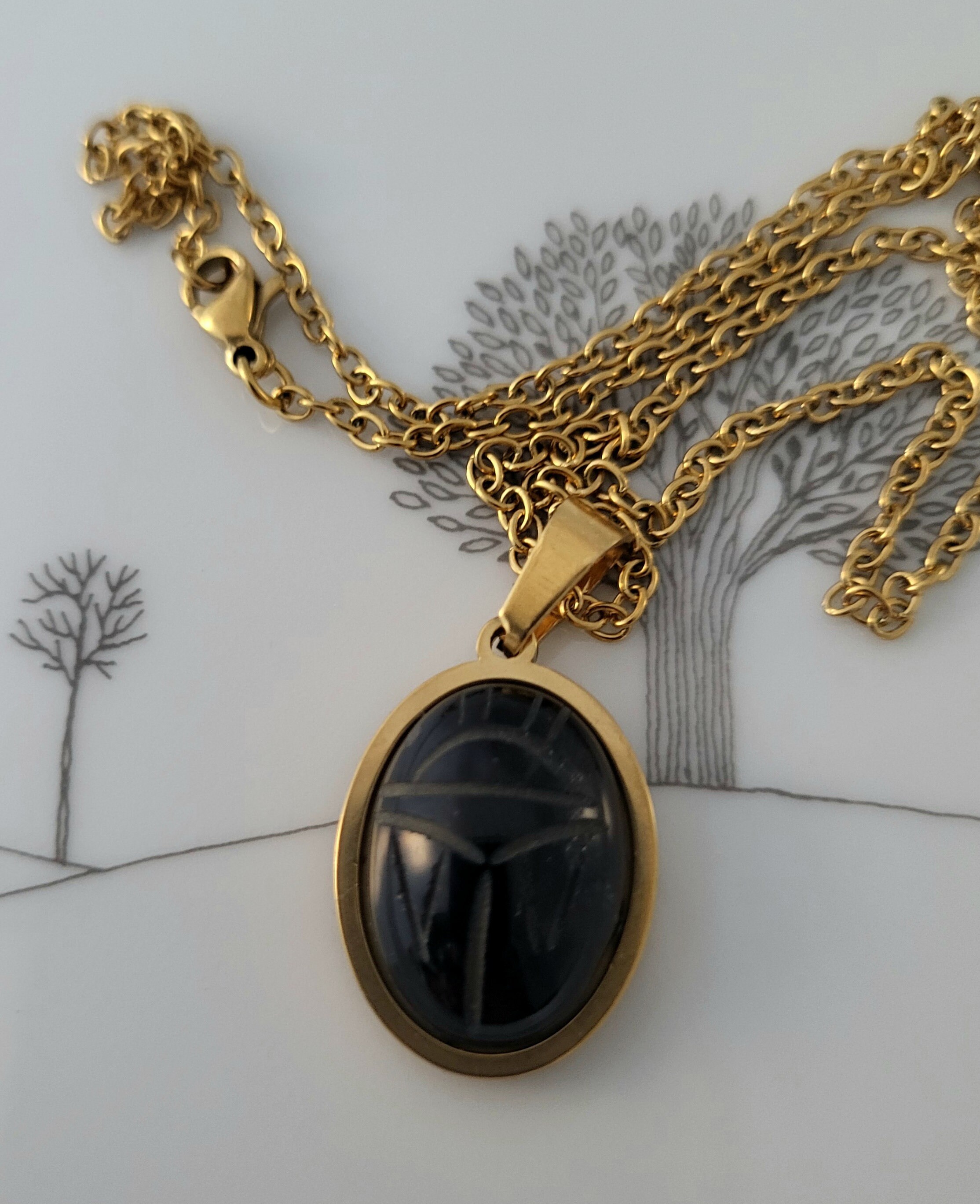 Vintage Black Onyx Scarab Pendant, Egyptian Revival Necklace Made With ...