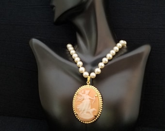 COLLAR VINTAGE CAMEO de estilo victoriano y perlas de vidrio anudadas a mano