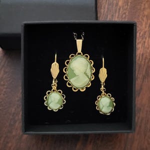 Victorian Academia Aesthetic CAMEO SET Pendant & Earring Made w/ NOS (New Old Stock) VIntage Jewelry Parts Circa 50&#39;s-70s Not used and New