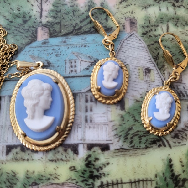 Handcrafted Victorian Style BLUE CAMEO SET Necklace Earrings made with Vintage Cameos and Settings