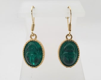 Vintage GLASS SCARAB EARRINGS  Lever Back Egyptian Revival Jewelry