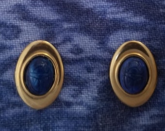 Vintage Blue Scarab Stud Earrings, Egyptian Revival Jewelry, made with NOS New Old Stock Parts