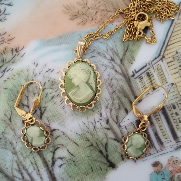 Handcrafted Victorian Style GREEN CAMEO SET Necklace Earrings made with Vintage Cameos and Settings