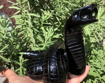 Large Real Obsidian Cobra, Hand Made Fine Obsidian Carving from Teotihuacán Mexico | Unique Crystal Cobra | Crystal Healing | Energy Healing