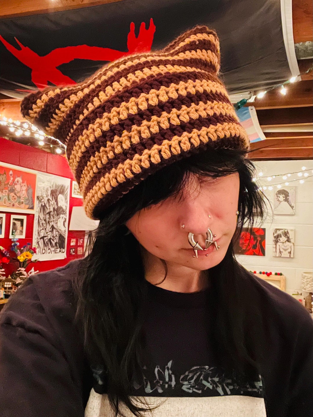 Bonnet Tricoté Pour Femmes Avec Rabat - Bonnet D'Hiver Chaud Avec Motif D'Aspect Tweed