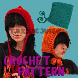 May include: The image showcases three crochet hats in red, orange, and teal. The red hat has long ties, while the orange hat has a bow. The teal hat has a curly design. The words "CROCHET PATTERN" are displayed in a purple font.