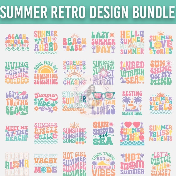 Retro Summertime 30 Svg Pack| Beach Vacation Bundle| Cricut Svg Files| Vacation Clipart Set| Summer Beach Png | Beach Vibe svg| Summer Quote