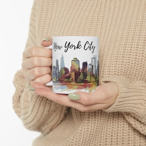 City Skyline Ceramic Mug, New York Watercolor Coffee Cup, NYC Landmark Tea Mug, Urban Skyline Kitchen Decor, Gift for Traveler, 11oz 15oz