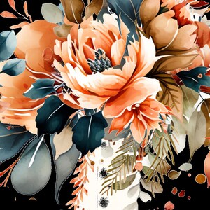 Peut inclure: Composition florale &agrave; l'aquarelle avec des fleurs orange et p&ecirc;che, des feuilles bleu-vert et vertes, et un vase blanc sur fond noir. L'image a un aspect doux et artistique, mettant l'accent sur les fleurs.