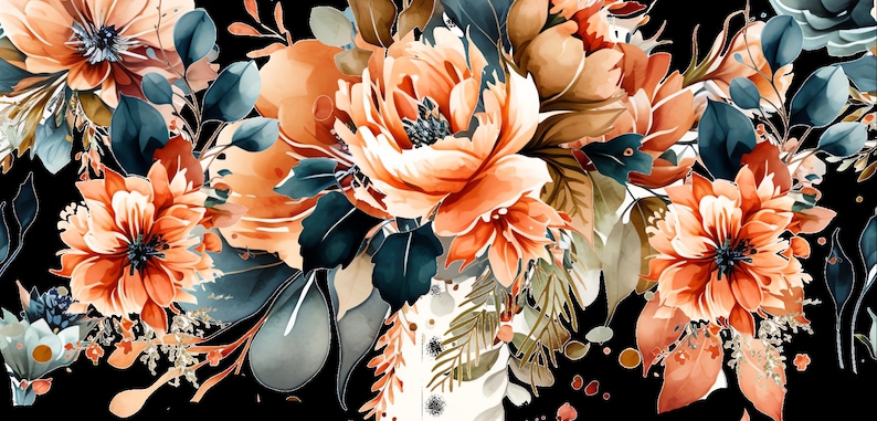Peut inclure: Composition florale &agrave; l'aquarelle avec des fleurs orange et p&ecirc;che, des feuilles bleu-vert et vertes, et un vase blanc sur fond noir. L'image a un aspect doux et artistique, mettant l'accent sur les fleurs.
