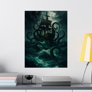 Mystical Nautical Art Poster, Kraken & Ship Wall Decor, Ocean Lover Gift, Fantasy Prints for Home or Office, Gothic Wall Art, Posters