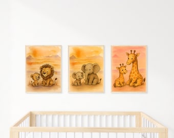 Safari Animals Nursery Art, Lion, Giraffe, Elephant Prints (Digital Download)