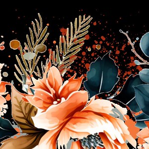 Peut inclure: Un motif floral &agrave; l'aquarelle avec des fleurs orange et p&ecirc;che, des feuilles bleu canard fonc&eacute; et des accents bruns. Le motif comprend un fond noir avec des &eacute;claboussures orange &eacute;parses, cr&eacute;ant une bordure d&eacute;corative.