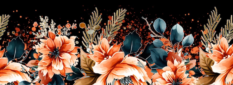 Peut inclure: Un motif floral &agrave; l'aquarelle avec des fleurs orange et p&ecirc;che, des feuilles bleu canard fonc&eacute; et des accents bruns. Le motif comprend un fond noir avec des &eacute;claboussures orange &eacute;parses, cr&eacute;ant une bordure d&eacute;corative.