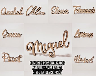 Marcasitios Madera Nombres Personalizados para Bodas Comuniones Bautizos Eventos - Grosor 5mm, OPCION DE IMAN