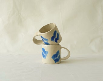 Ceramic cup, Blue abstract pattern, Small stoneware espresso cup, Decorated handmade tableware, Pottery coffee cup