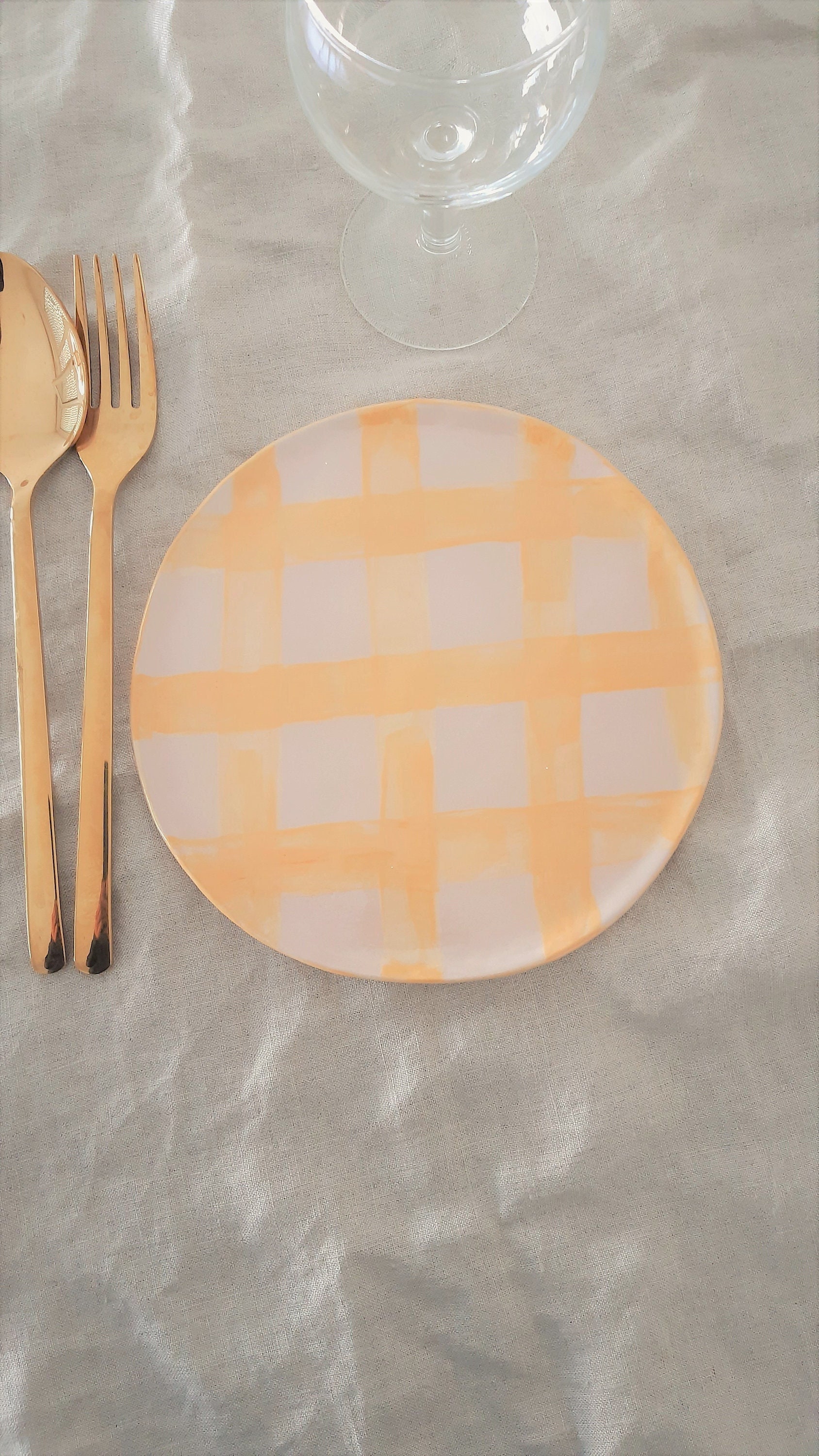 Assiette à Dessert, Motif Carreaux Jaunes, Vaisselle de Table en Faïence, , Céramique Fait Main