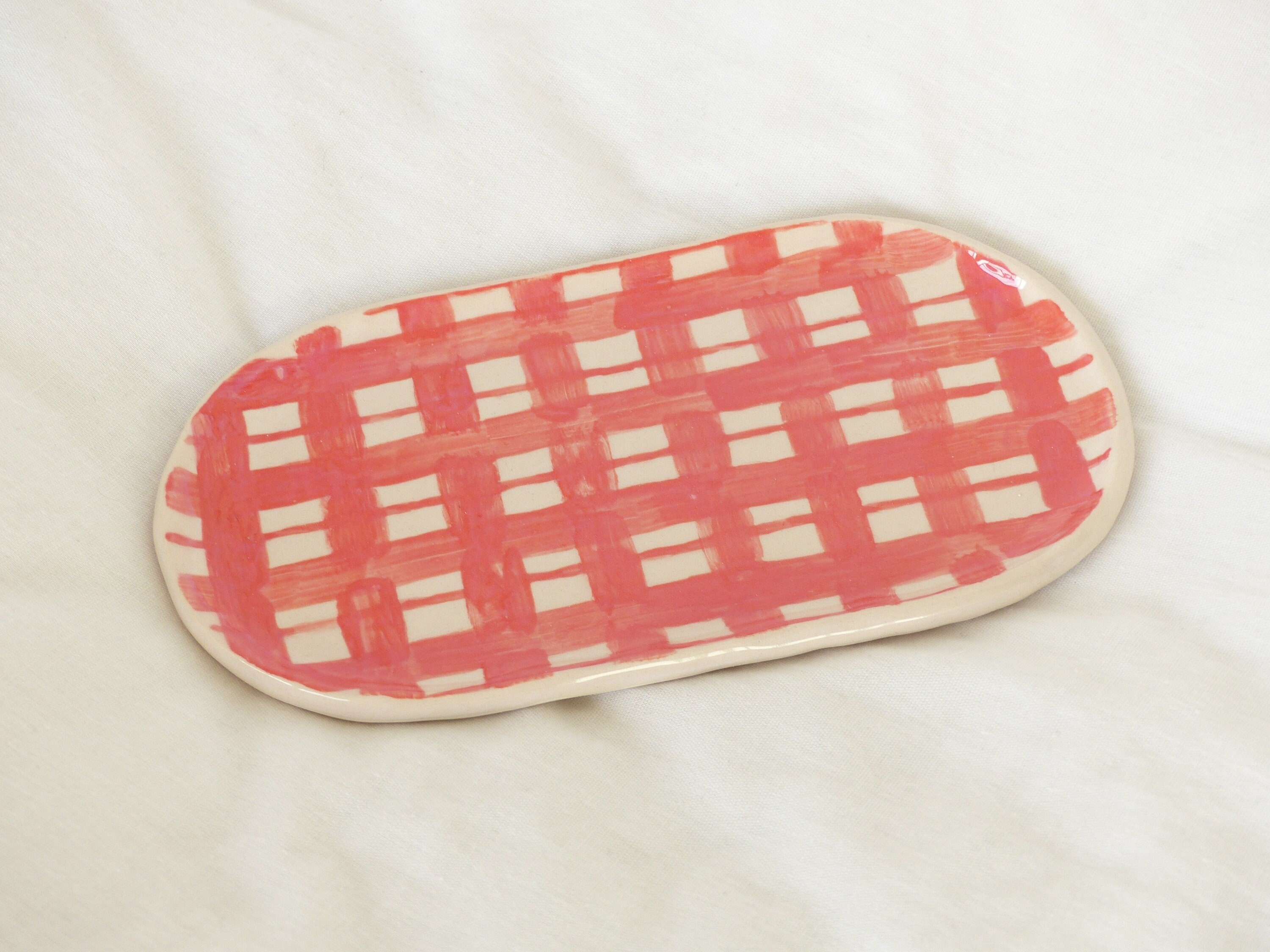 Assiette Ovale Porte-Bijoux, Petit Plateau en Faïence, Vide-Poches, Motif Carreaux Vichy, Céramique