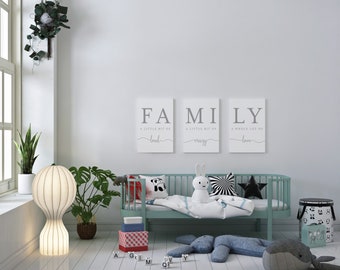 Familie Leinwand Set von drei, laut, verrückt, Liebe, Wortkunst, Typografie, Liebe Wandkunst, Leinwand Wandkunst