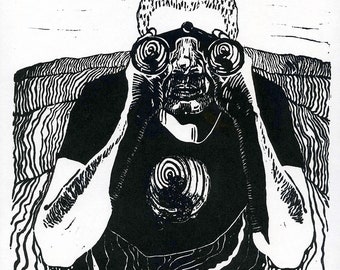 Binoculars Linocut Print “Unlucky Snake Eyes”