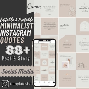 May include: A collection of 88+ minimalist Instagram quote templates in a light brown color scheme. The templates feature quotes about life, simplicity, and relationships. The text "Canva" is visible in the top left corner of the image.