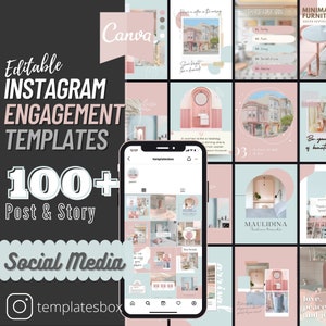 May include: A collection of 100+ Instagram post and story templates in a pastel pink and blue color scheme. The templates feature various designs with text overlays, including quotes, motivational messages, and lifestyle themes. The templates are designed for use with the Canva app.
