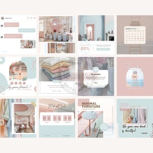 May include: A collection of nine Instagram post templates featuring a pastel color scheme with pink and blue accents. The templates feature images of furniture, clothing, and other lifestyle items. Some of the templates include text such as "Tag your friends!" and "Minimal Furniture Design Aesthetic".