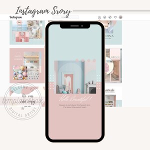 May include: A phone screen displaying a pink and blue Instagram story template with the text "Hello Beautiful!" and the quote "Beauty is not about the fairest skin. It's about the purest heart."